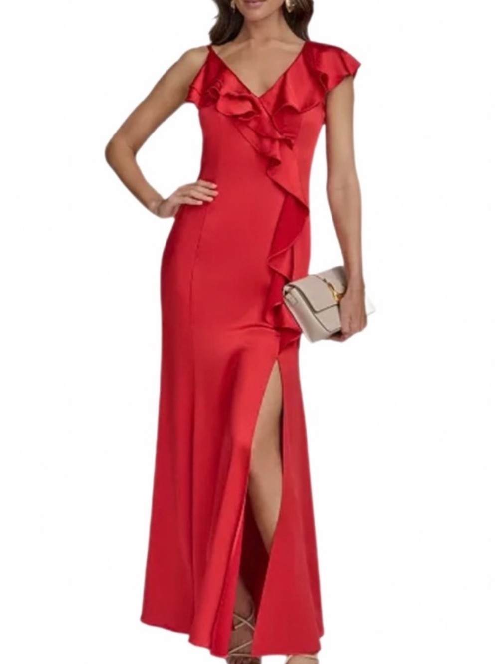 Donna Karan New York Red Ruffle Front Evening Gown Maxi Dress Size 10 NWT